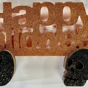 2014 Happy Halloween Glitter Table Piece Sign Skull Pumpkin Orange Black New NOS
